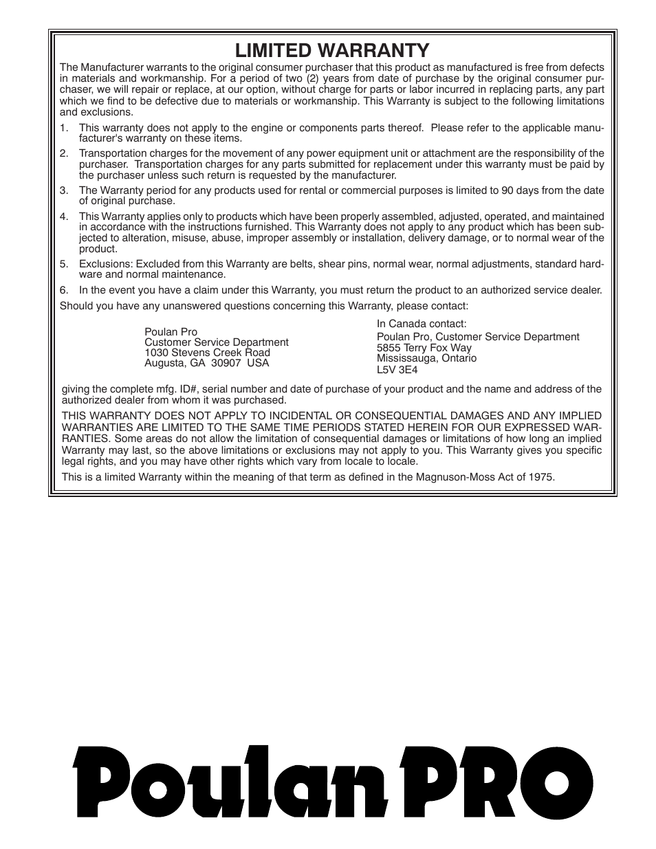 Limited warranty | Poulan Pro PP208E24 SNOW THROWER User Manual | Page 40 / 40