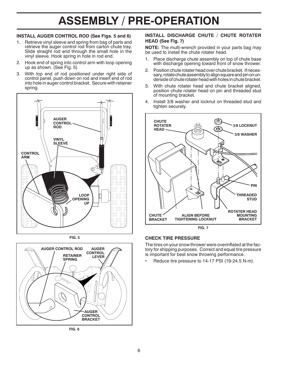 Assembly / pre-operation | Poulan Pro PP208E24 SNOW THROWER User Manual | Page 6 / 40