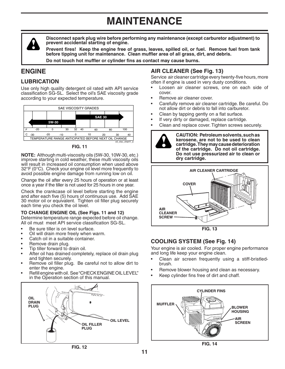 Maintenance, Engine, Lubrication | Air cleaner (see fig. 13), Cooling system (see fig. 14) | Poulan 96081000700 User Manual | Page 11 / 24