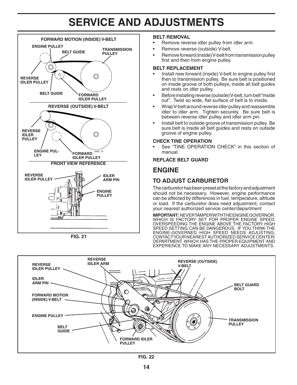 Service and adjustments, Engine | Poulan 96081000700 User Manual | Page 14 / 24