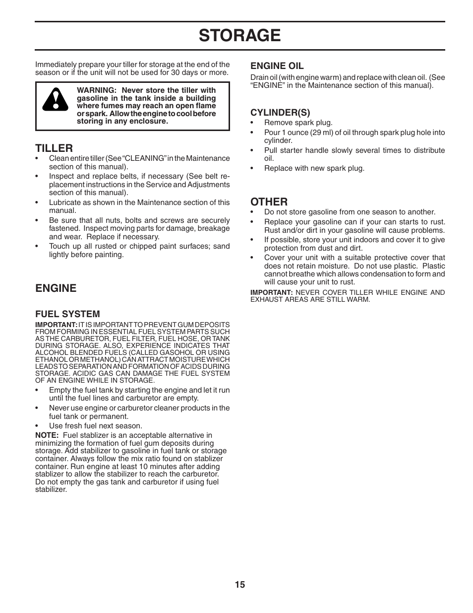 Storage, Other, Tiller | Engine | Poulan 96081000700 User Manual | Page 15 / 24