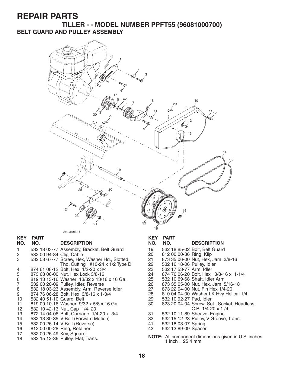 Repair parts, Belt guard and pulley assembly | Poulan 96081000700 User Manual | Page 18 / 24