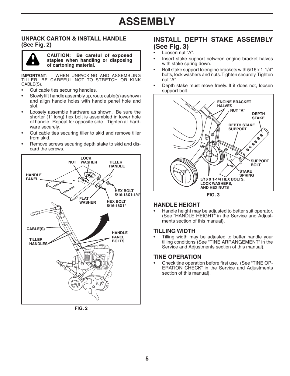 Assembly, Install depth stake as sem bly (see fig. 3), 5unpack carton & install handle (see fig. 2) | Handle height, Tilling width, Tine operation | Poulan 96081000700 User Manual | Page 5 / 24