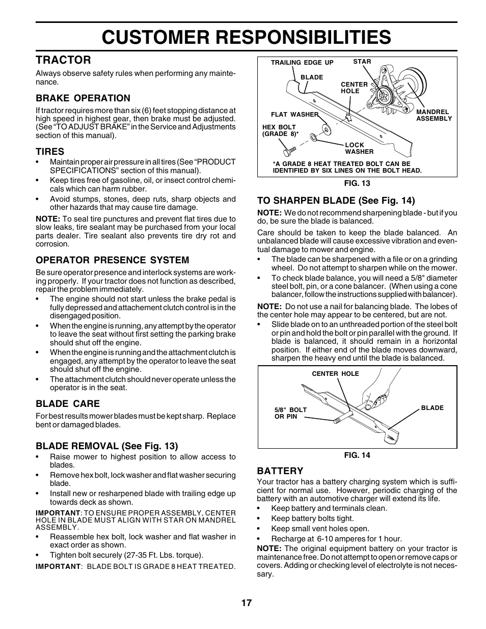 Customer responsibilities, Tractor | Poulan 176873 User Manual | Page 17 / 52