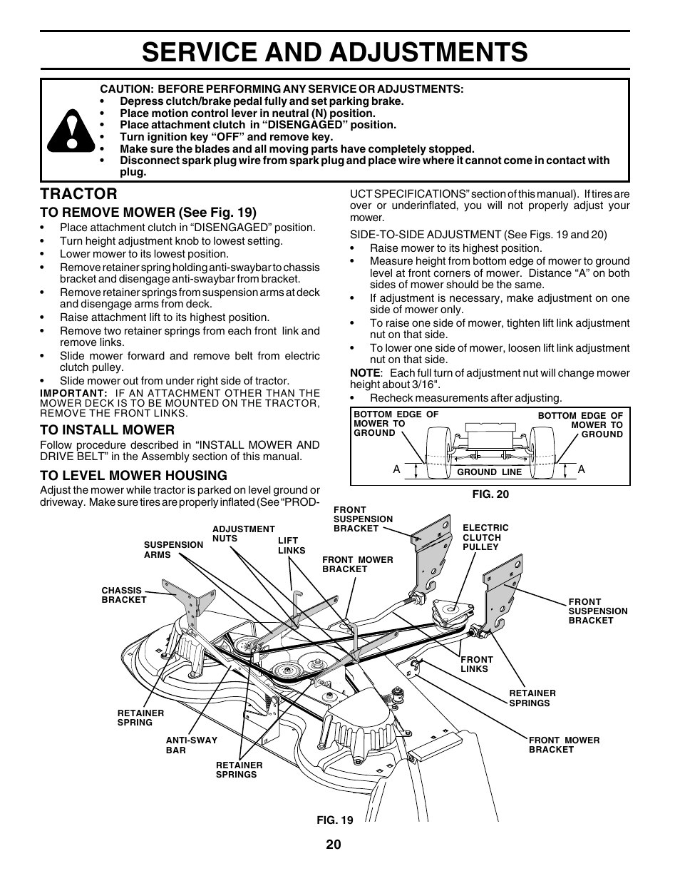 Service and adjustments, Tractor | Poulan 176873 User Manual | Page 20 / 52
