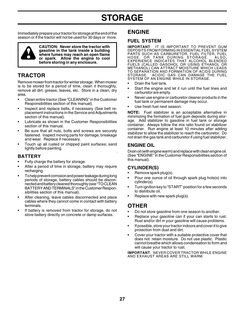 Storage, Tractor, Engine | Other | Poulan 176873 User Manual | Page 27 / 52