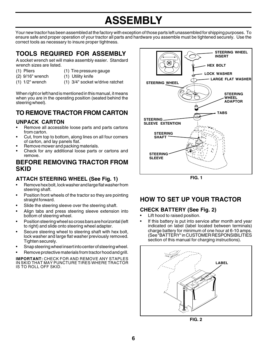 Assembly, Tools required for assembly, How to set up your tractor | Before removing tractor from skid | Poulan 176873 User Manual | Page 6 / 52