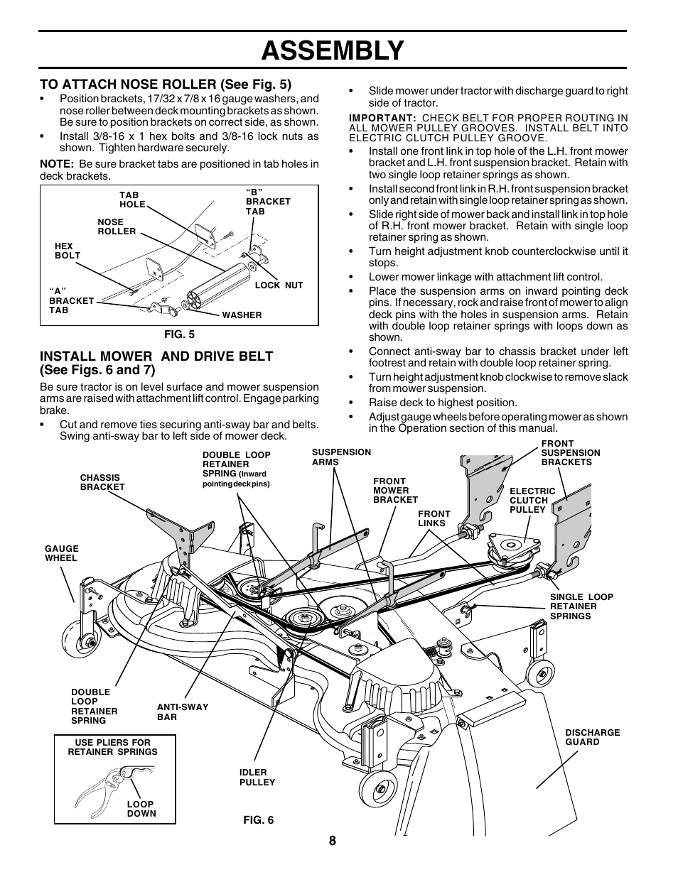 Assembly, Install mower and drive belt (see figs. 6 and 7) | Poulan 176873 User Manual | Page 8 / 52