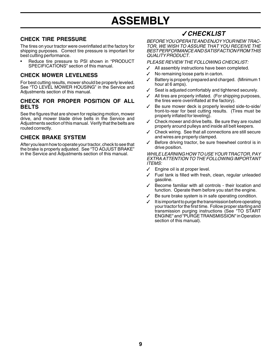 Assembly, Checklist | Poulan 176873 User Manual | Page 9 / 52