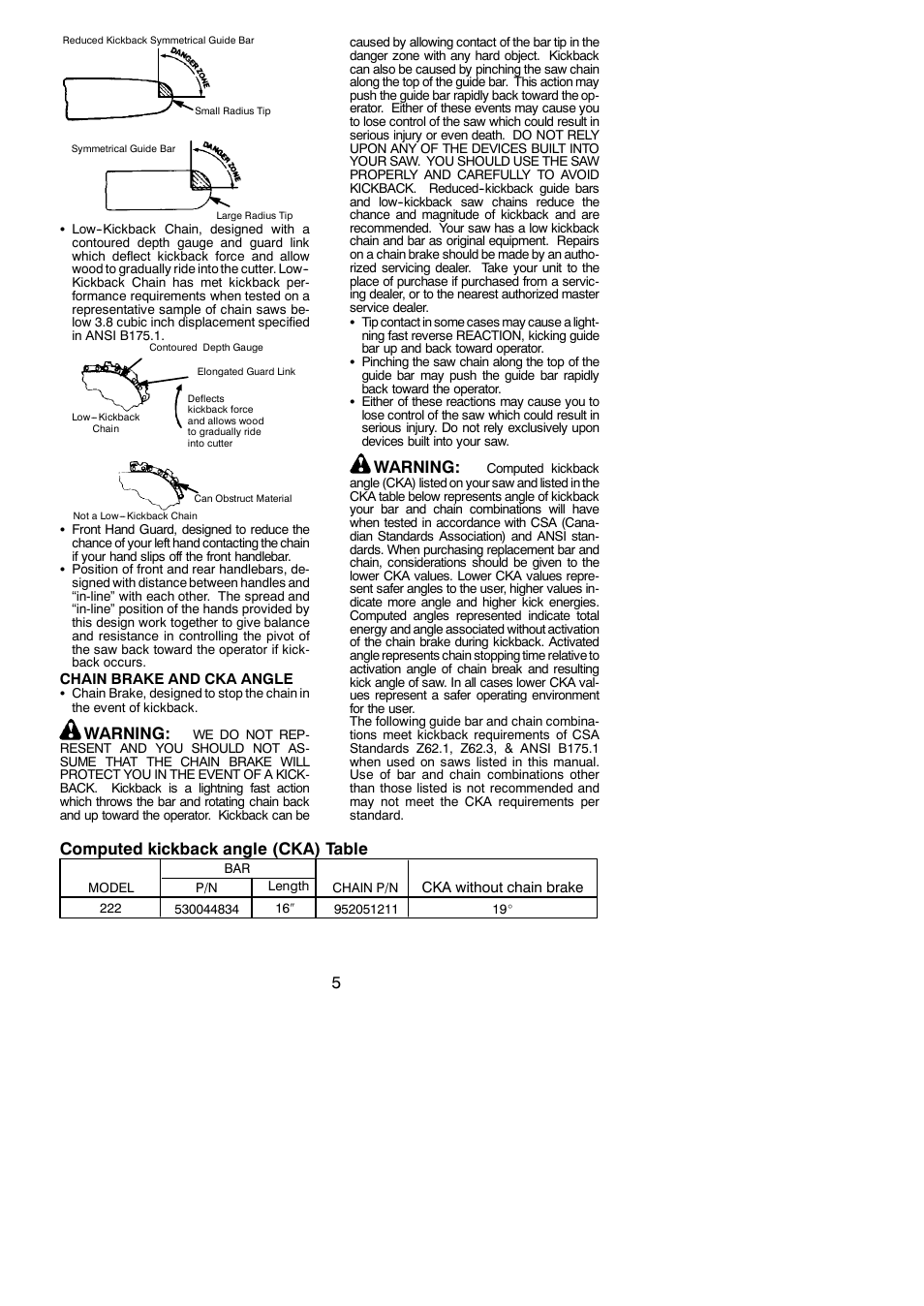 Warning, Computed kickback angle (cka) table | Poulan 2004-09 User Manual | Page 5 / 18