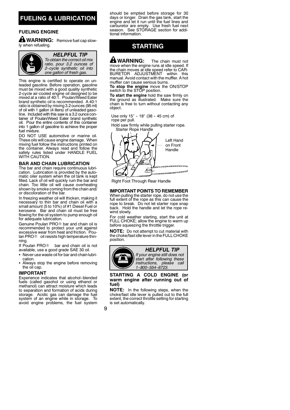 Starting, Fueling & lubrication, Warning | Helpful tip | Poulan 2004-09 User Manual | Page 9 / 18