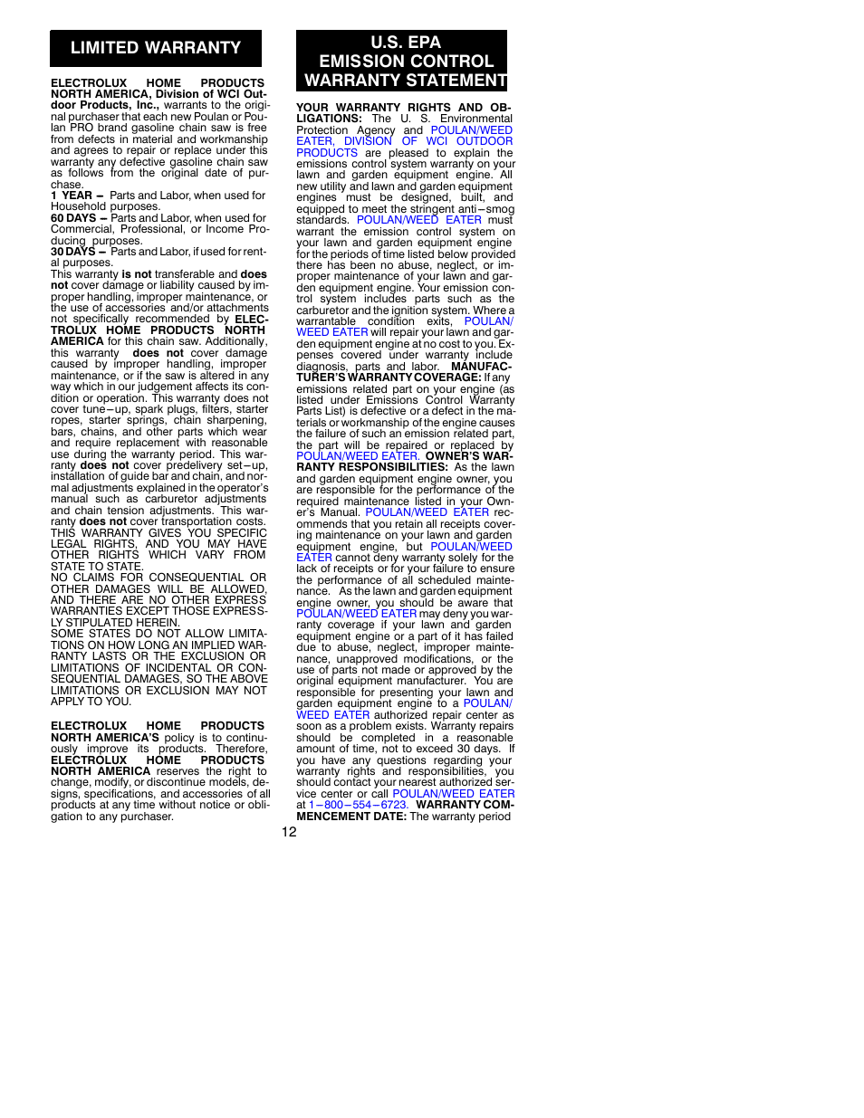 Limited warranty, U.s. epa emission control warranty statement | Poulan 2250 EN User Manual | Page 12 / 13