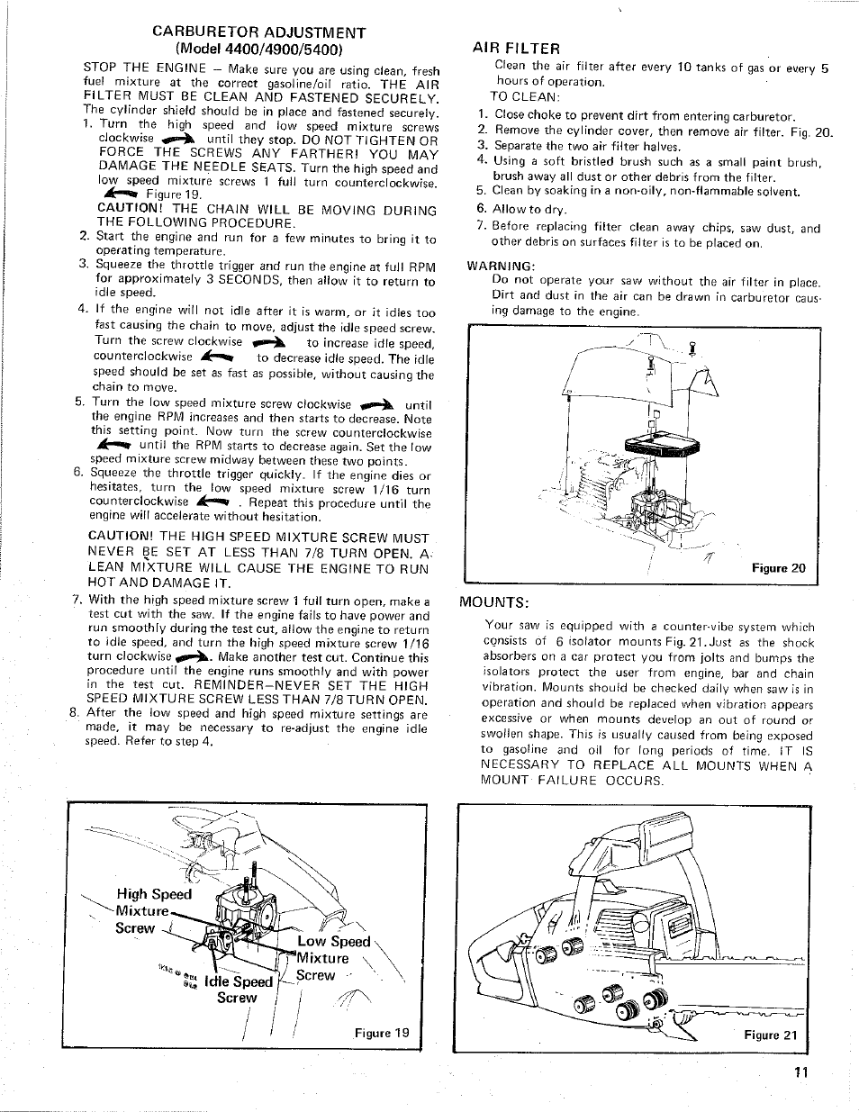 Carburetor adjustment (model 4400/4900/5400), Air filter, Mounts | Poulan 4400 User Manual | Page 11 / 13
