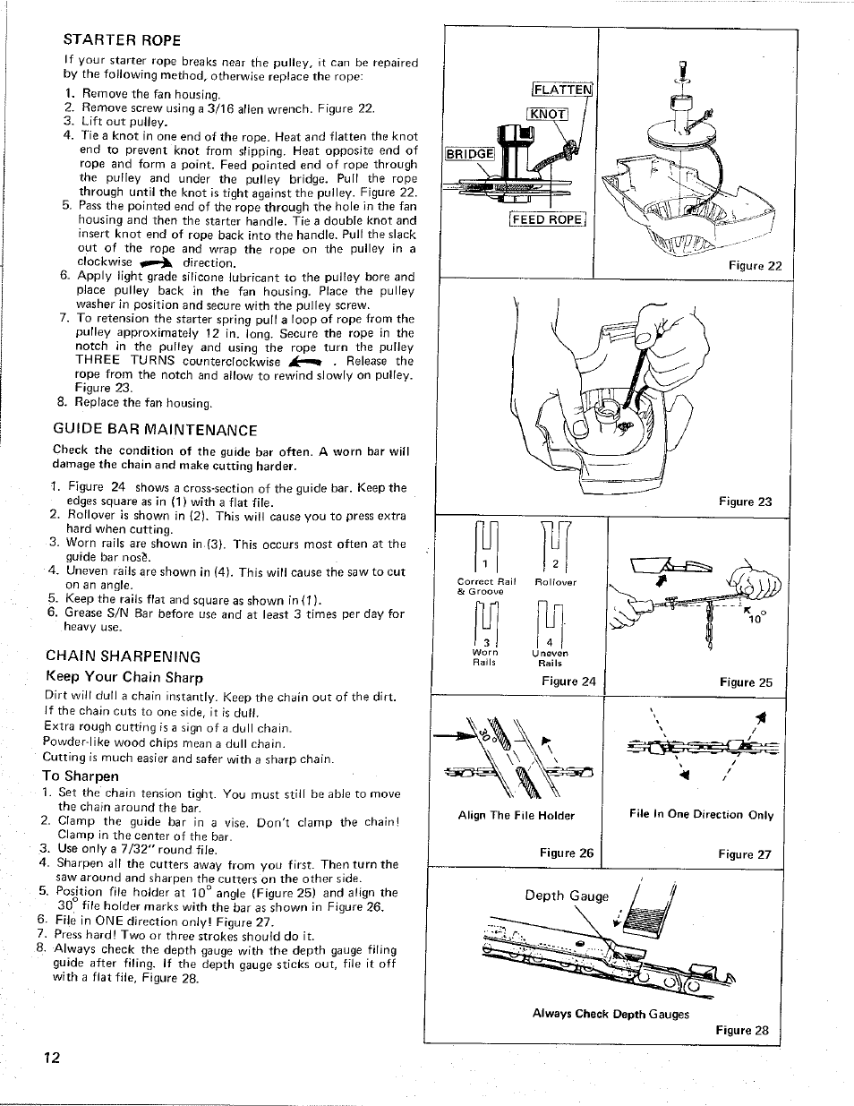 Starter rope, Guide bar maintenance, Chain sharpening keep your chain sharp | To sharpen | Poulan 4400 User Manual | Page 12 / 13