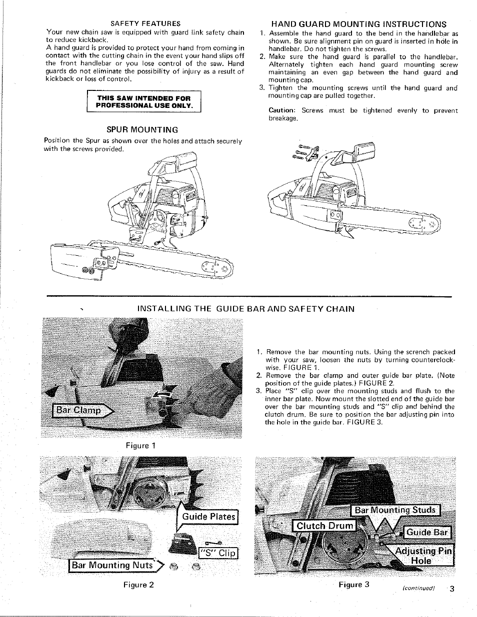 Hand guard mounting instructions, Spur mounting, Installing the guide bar and safety chain | Bar mounting, Adjusting pin hole | Poulan 4400 User Manual | Page 3 / 13