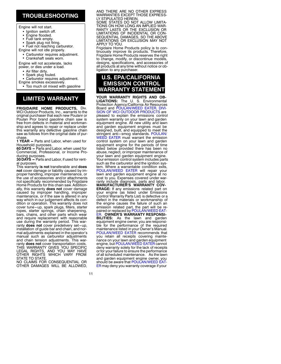 Troubleshooting, Limited warranty | Poulan 3450 User Manual | Page 11 / 12