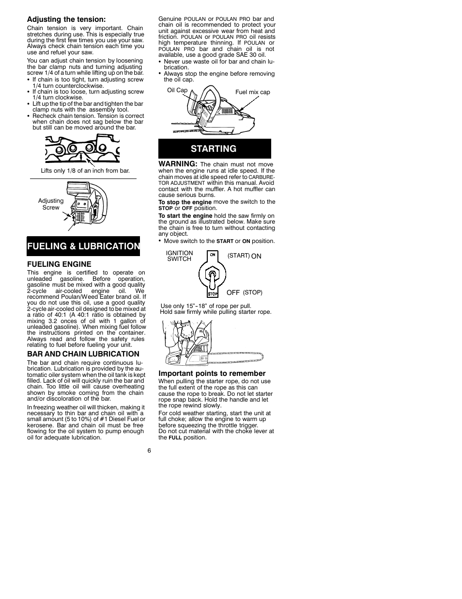 Fueling & lubrication, Starting | Poulan 3450 User Manual | Page 6 / 12