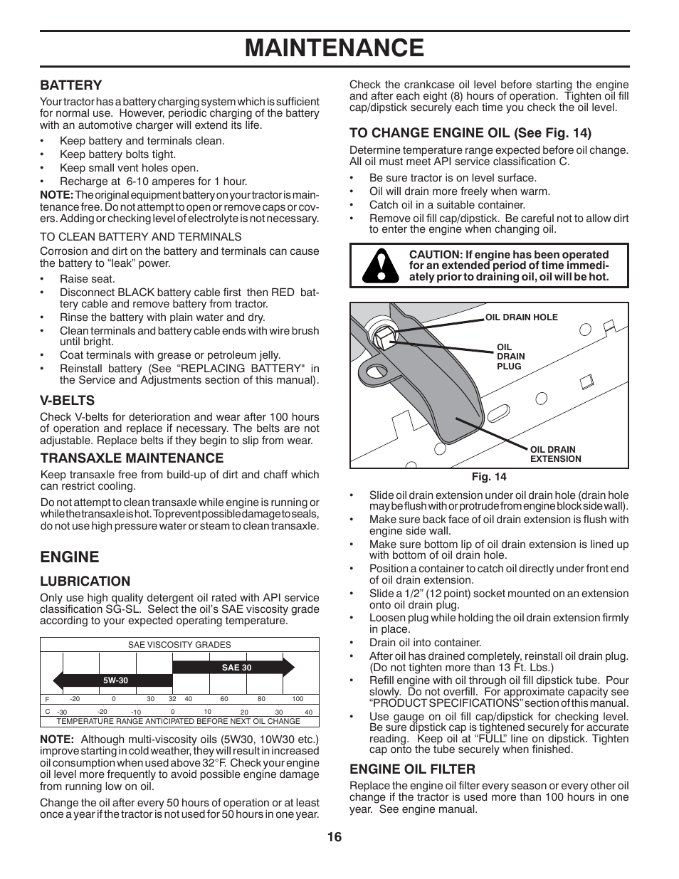 Maintenance, Engine, Transaxle maintenance | V-belts, Lubrication, Engine oil filter, Battery | Poulan XT 96046002200 User Manual | Page 16 / 28