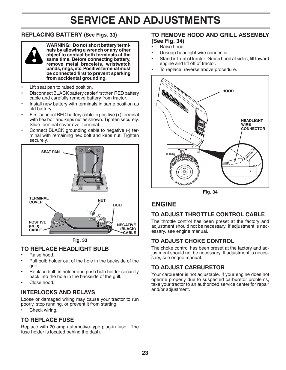 Service and adjustments, Engine | Poulan XT 96046002200 User Manual | Page 23 / 28
