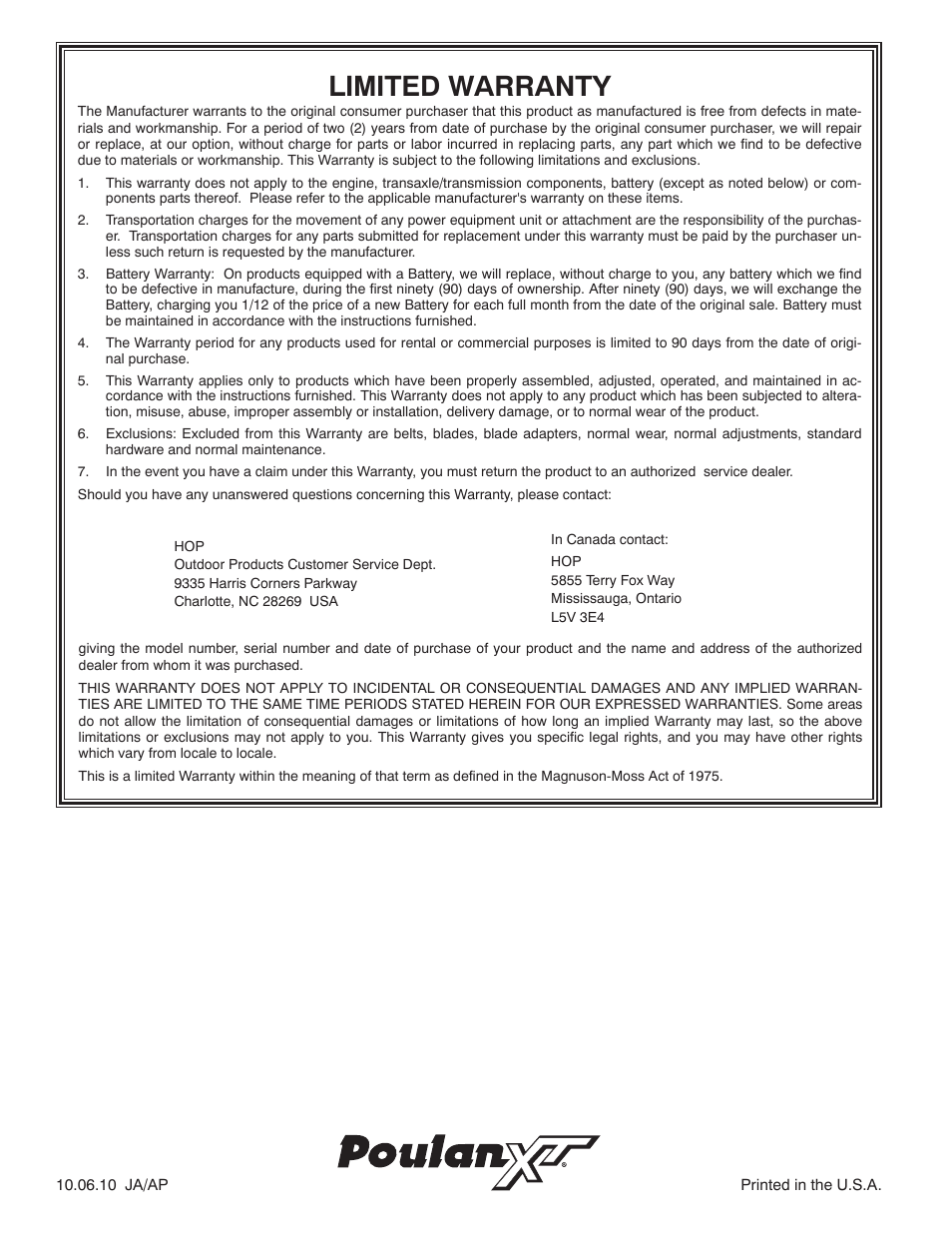 Limited warranty | Poulan XT 96046002200 User Manual | Page 28 / 28