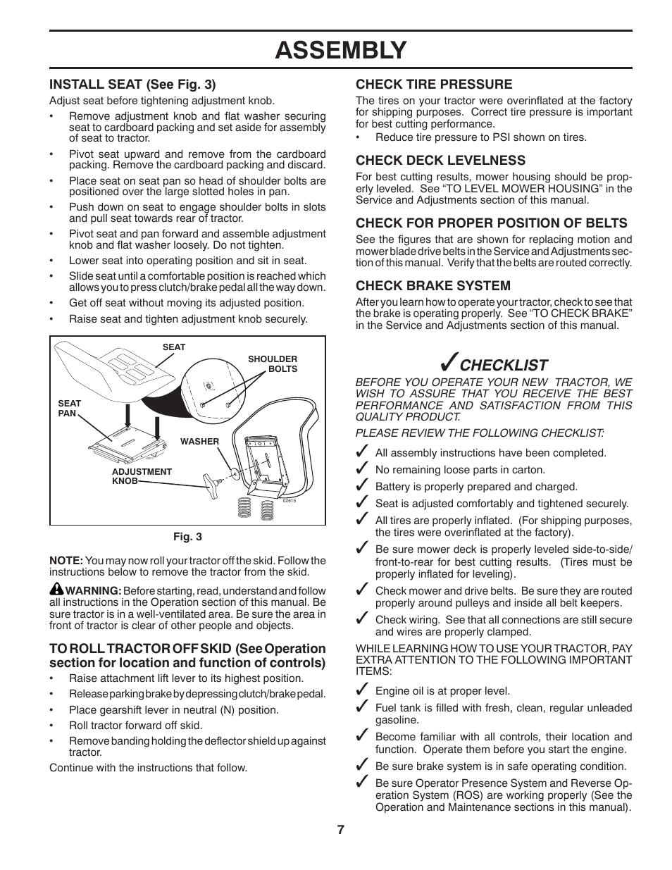 Assembly, Checklist | Poulan XT 96046002200 User Manual | Page 7 / 28