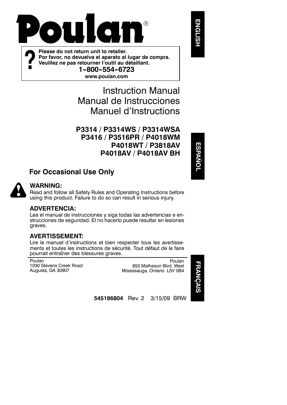 Poulan P4018AV User Manual | 21 pages
