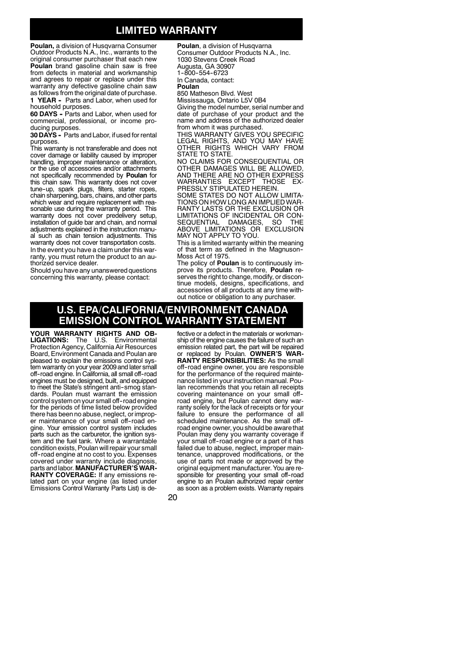Limited warranty | Poulan P4018AV User Manual | Page 20 / 21