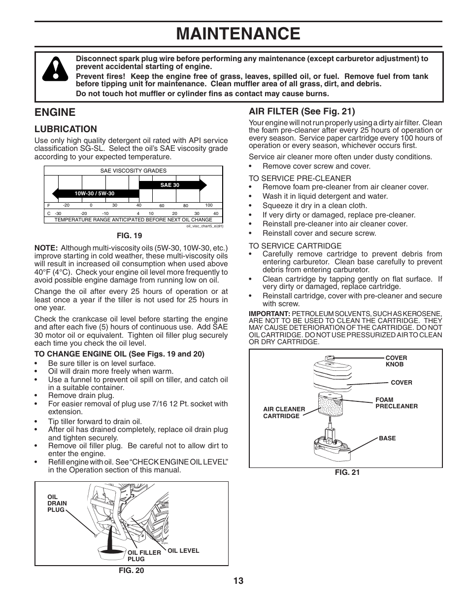 Maintenance, Engine, Lubrication | Air filter (see fig. 21) | Poulan 96092000500 User Manual | Page 13 / 22