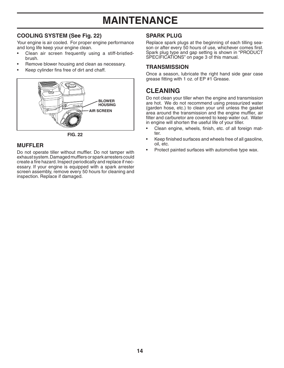 Maintenance, Cleaning | Poulan 96092000500 User Manual | Page 14 / 22