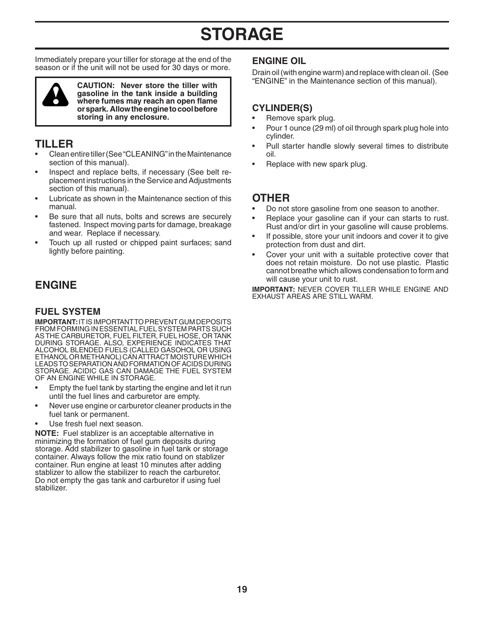 Storage, Other, Tiller | Engine | Poulan 96092000500 User Manual | Page 19 / 22