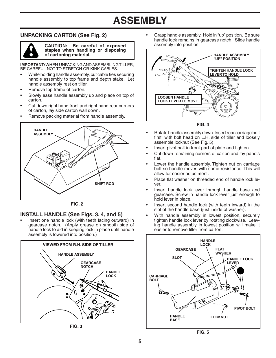 Assembly, Unpacking carton (see fig. 2), Install handle (see figs. 3, 4, and 5) | Poulan 96092000500 User Manual | Page 5 / 22