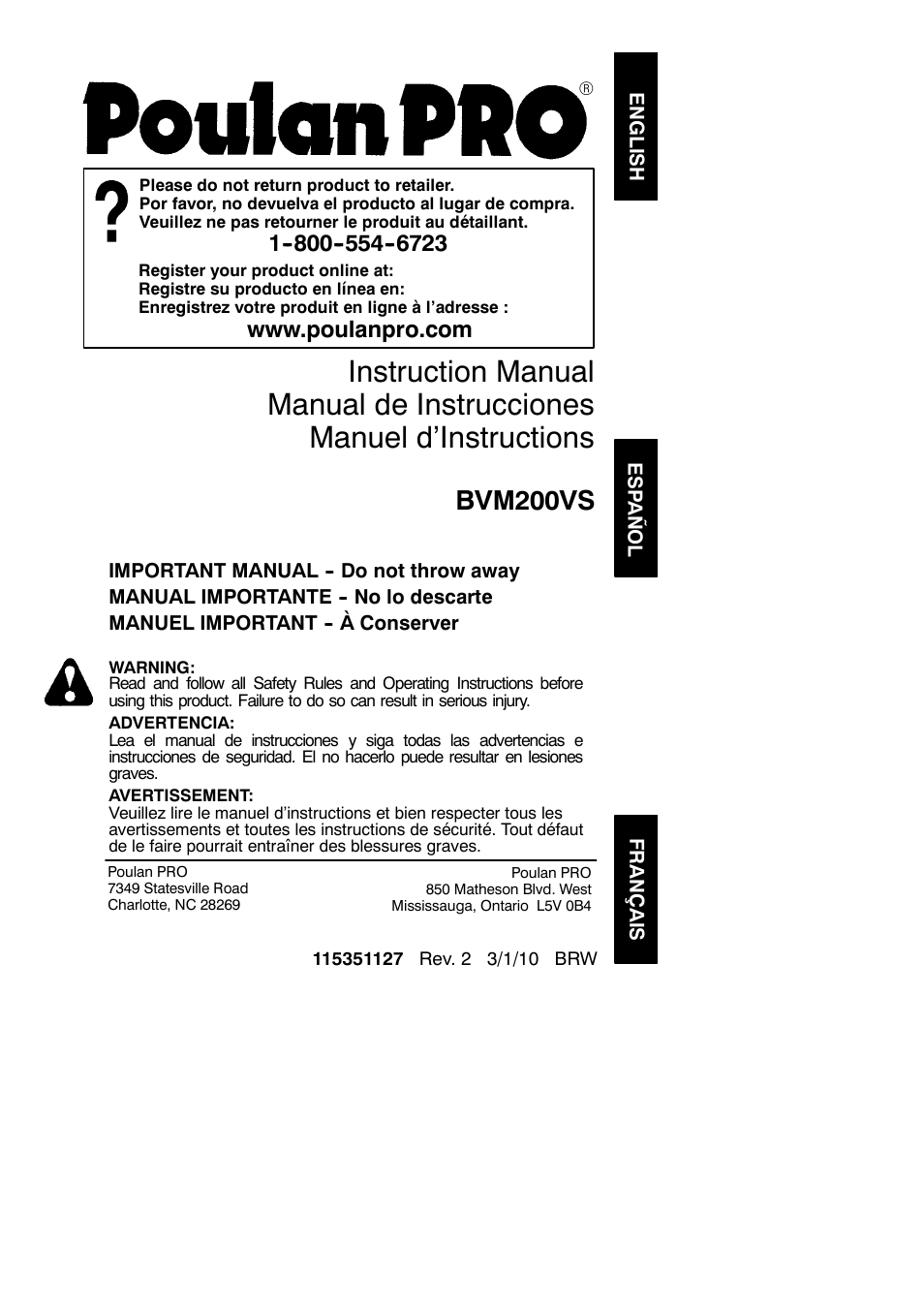 Poulan Pro BVM200VS User Manual | 14 pages