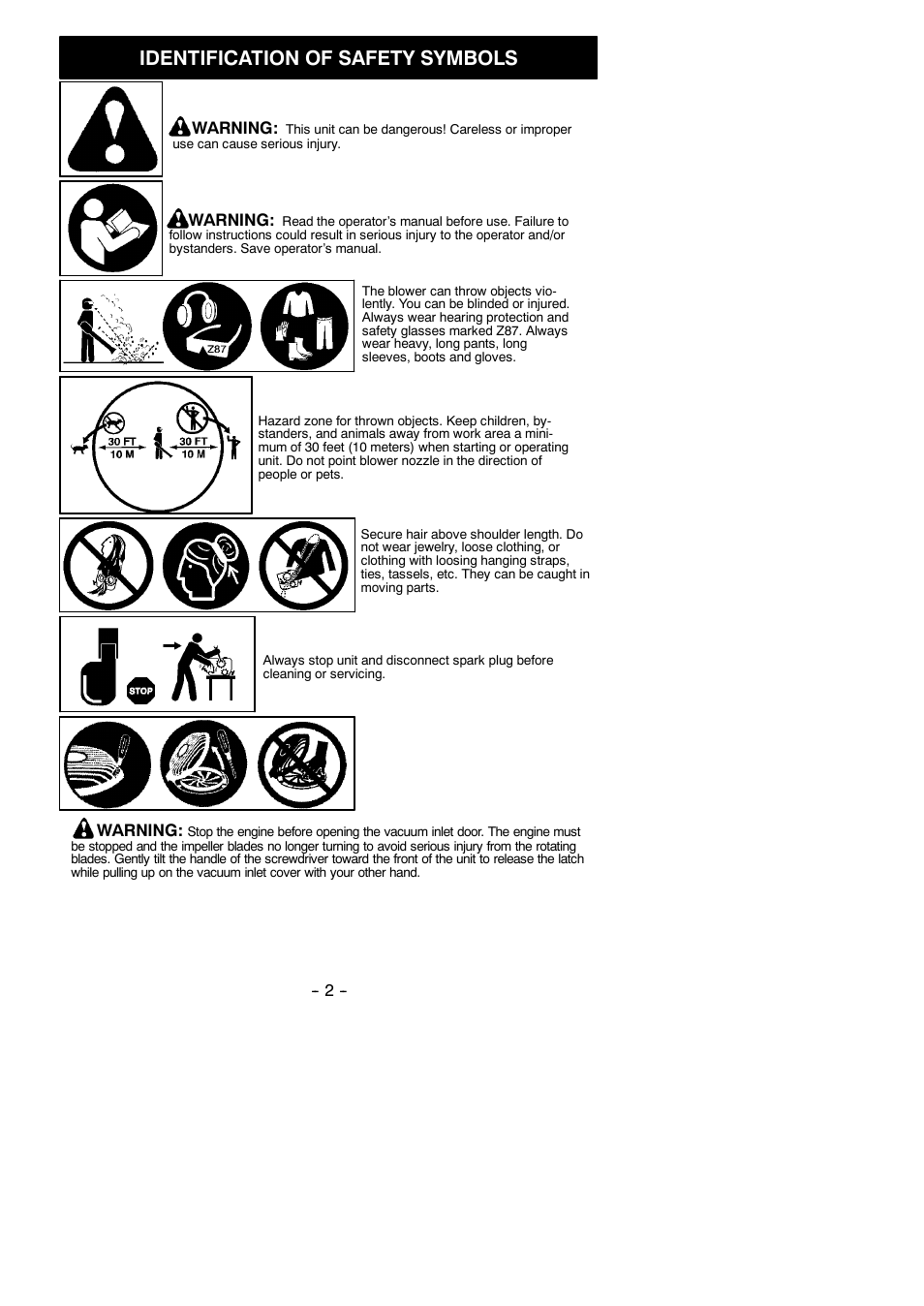 Identification of safety symbols | Poulan Pro BVM200VS User Manual | Page 2 / 14