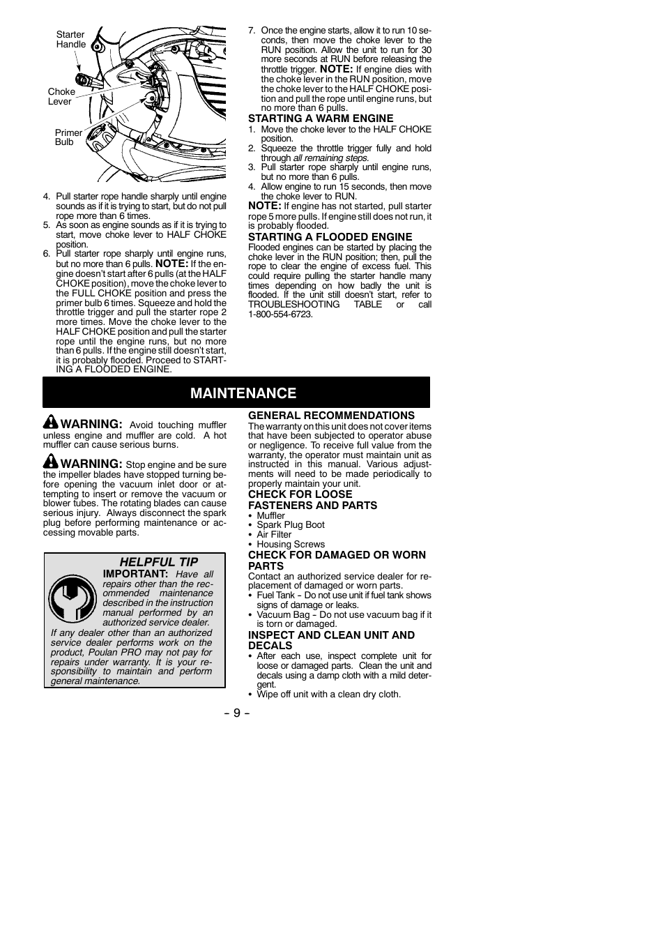 Maintenance, Warning, Helpful tip | Poulan Pro BVM200VS User Manual | Page 9 / 14