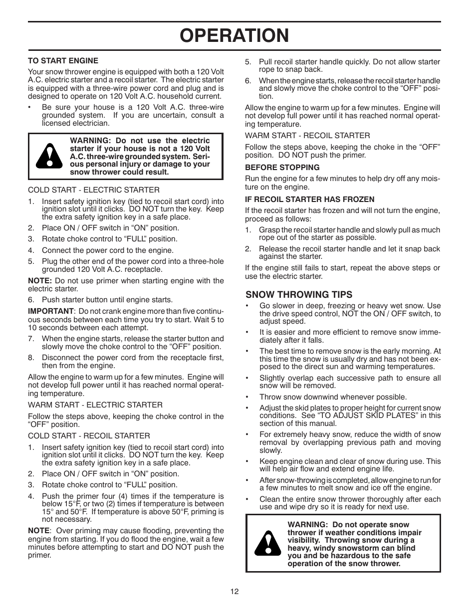 Operation | Poulan XT 96192004501 User Manual | Page 12 / 40