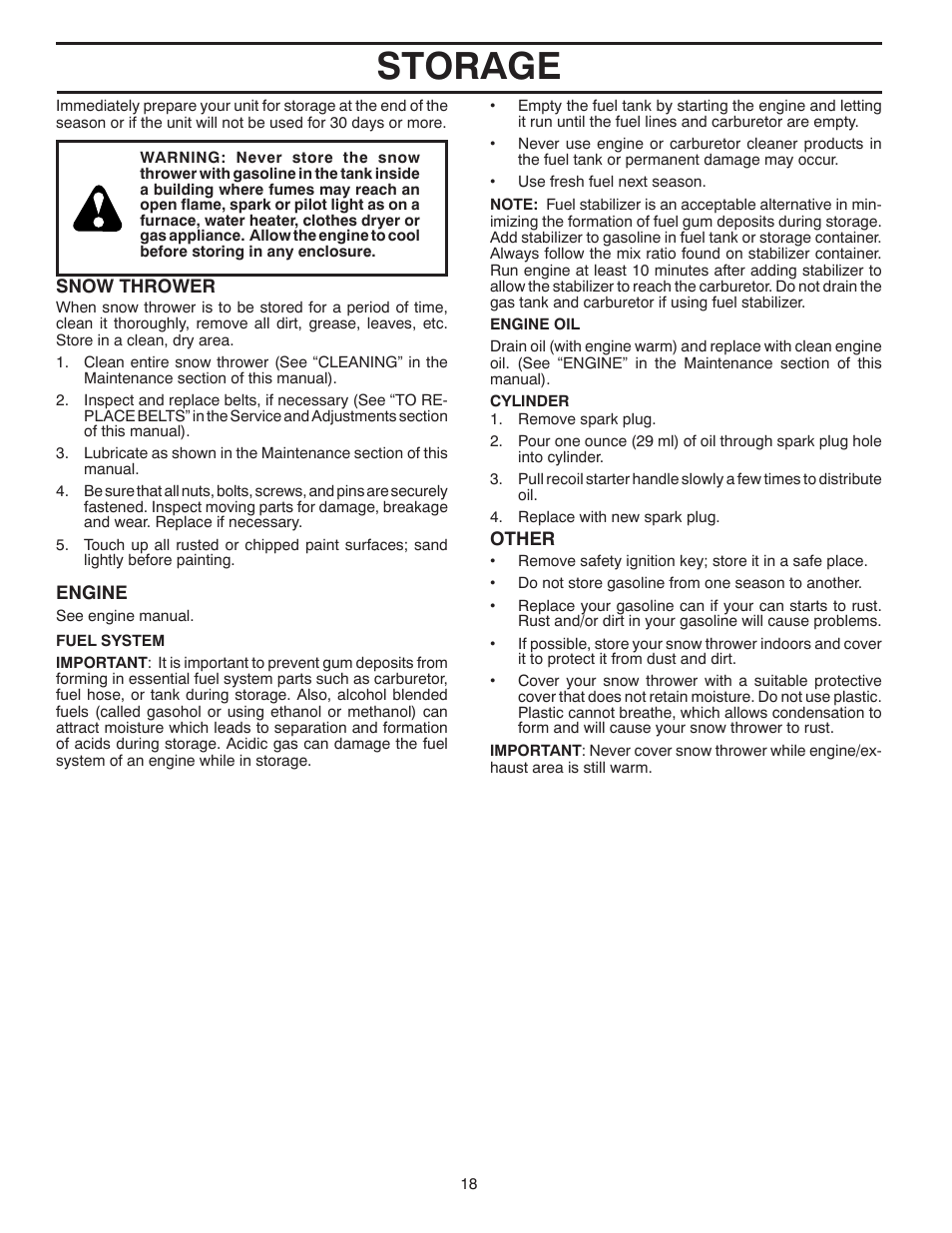 Storage | Poulan XT 96192004501 User Manual | Page 18 / 40