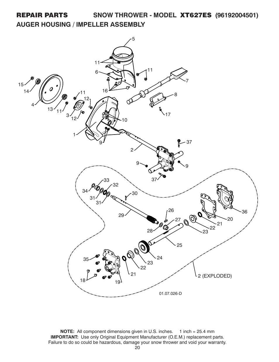 Repair parts, Auger housing / impeller assembly | Poulan XT 96192004501 User Manual | Page 20 / 40