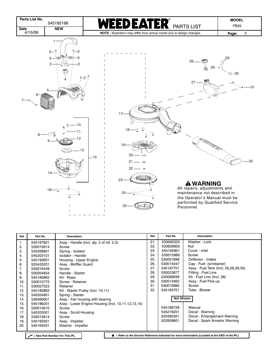 Housing, Warning, Parts list | Poulan FB25 User Manual | Page 2 / 2