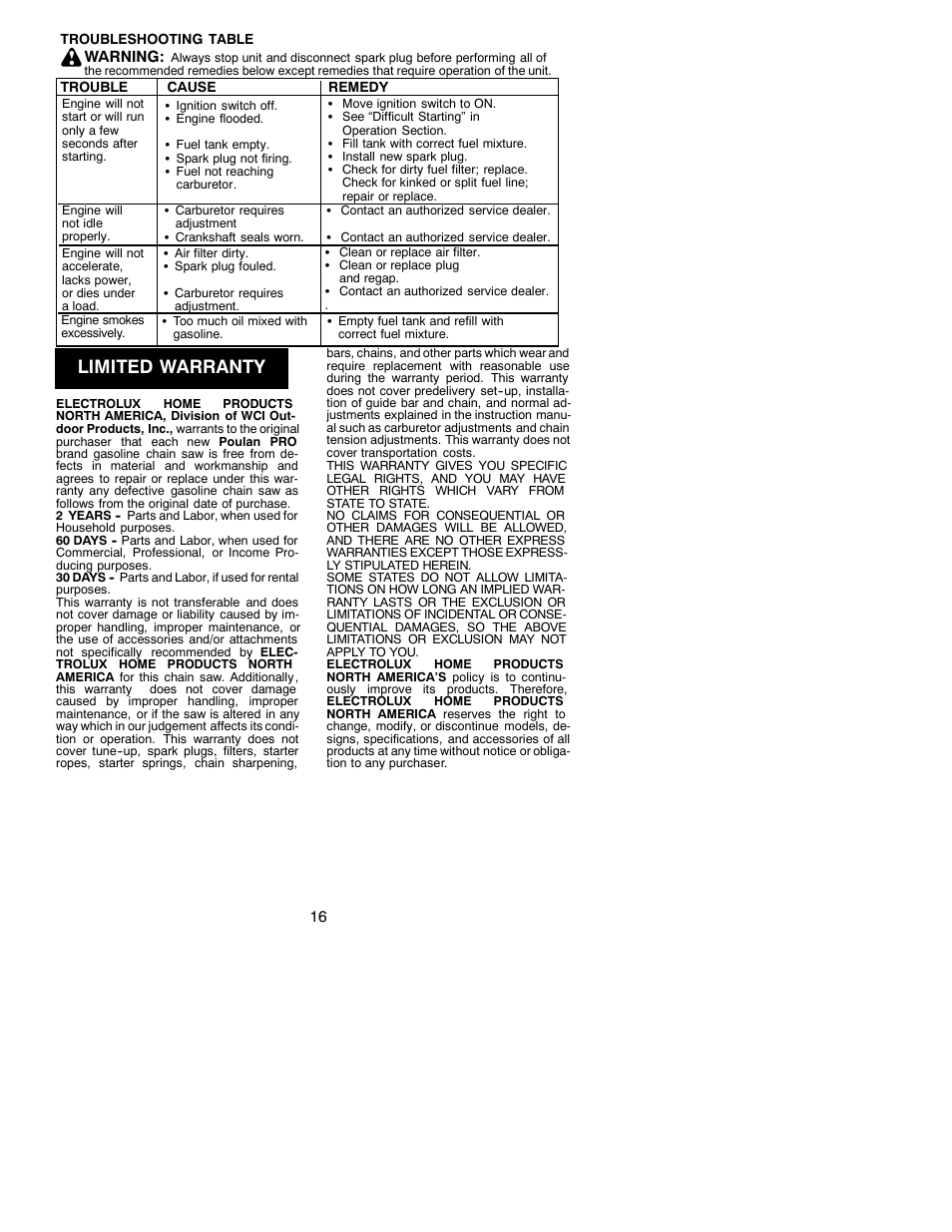 Limited warranty | Poulan 530086596 User Manual | Page 16 / 18