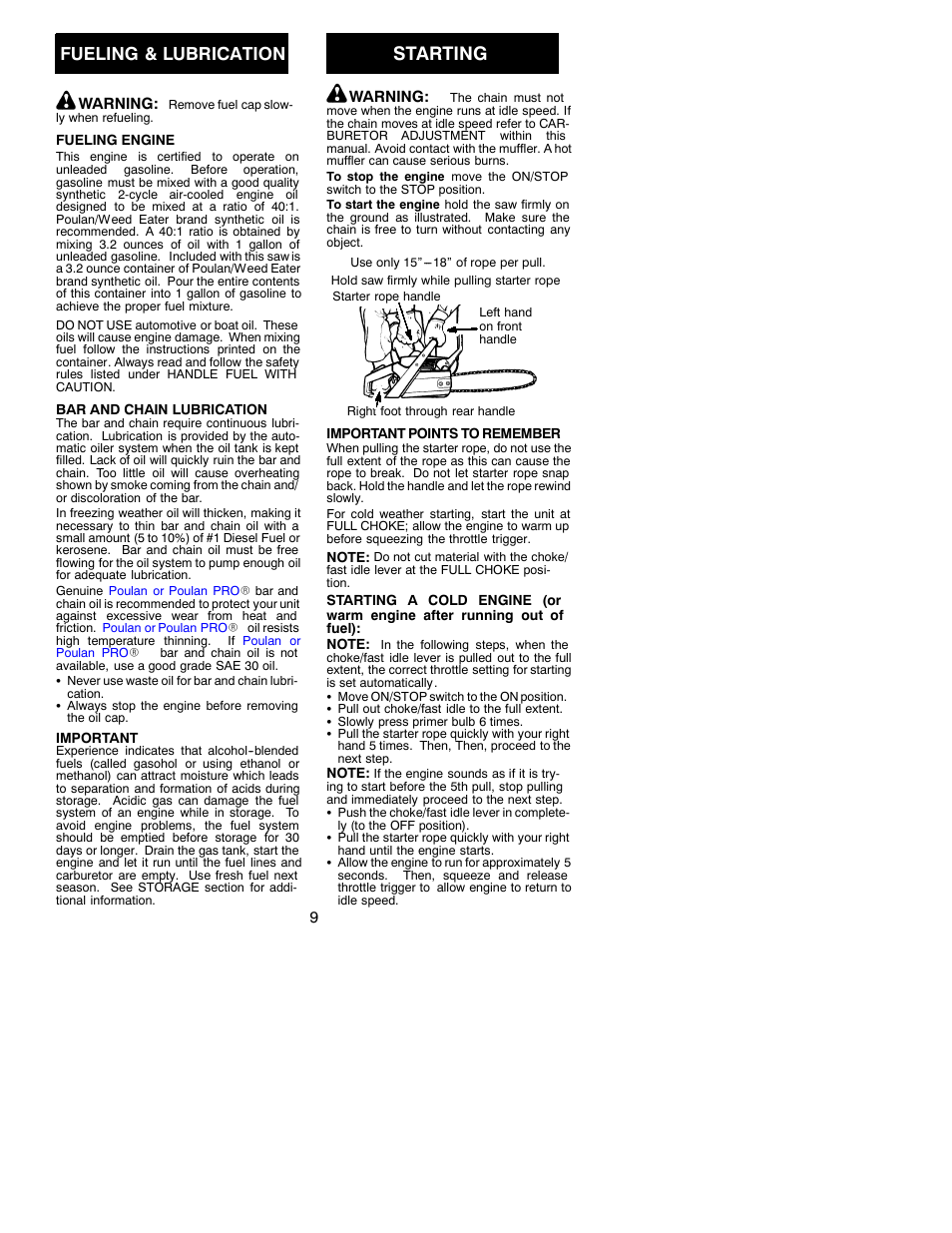 Starting, Fueling & lubrication | Poulan 530086596 User Manual | Page 9 / 18