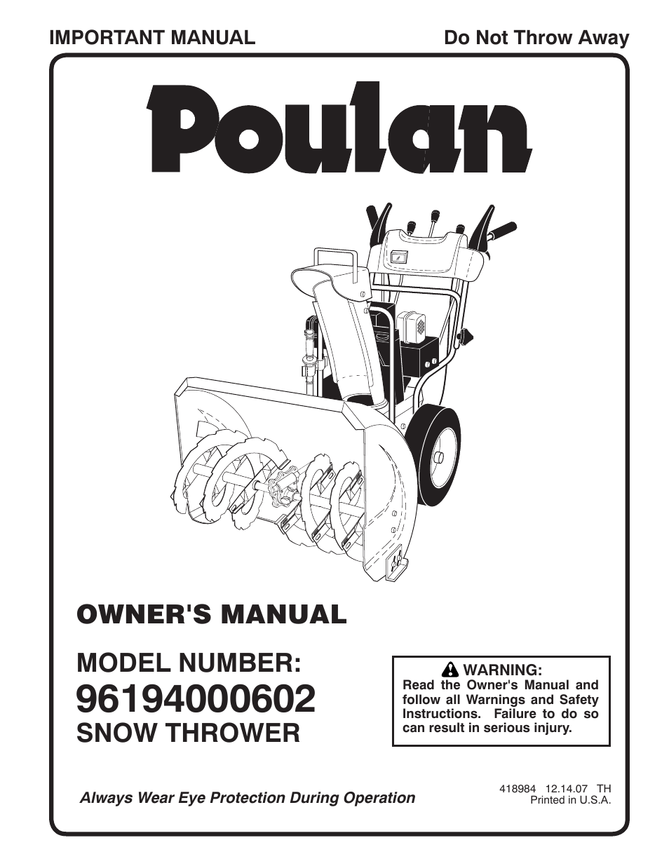 Poulan 96194000602 User Manual | 52 pages