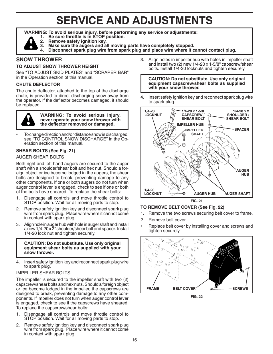 Service and adjustments, Snow thrower | Poulan 96194000602 User Manual | Page 16 / 52