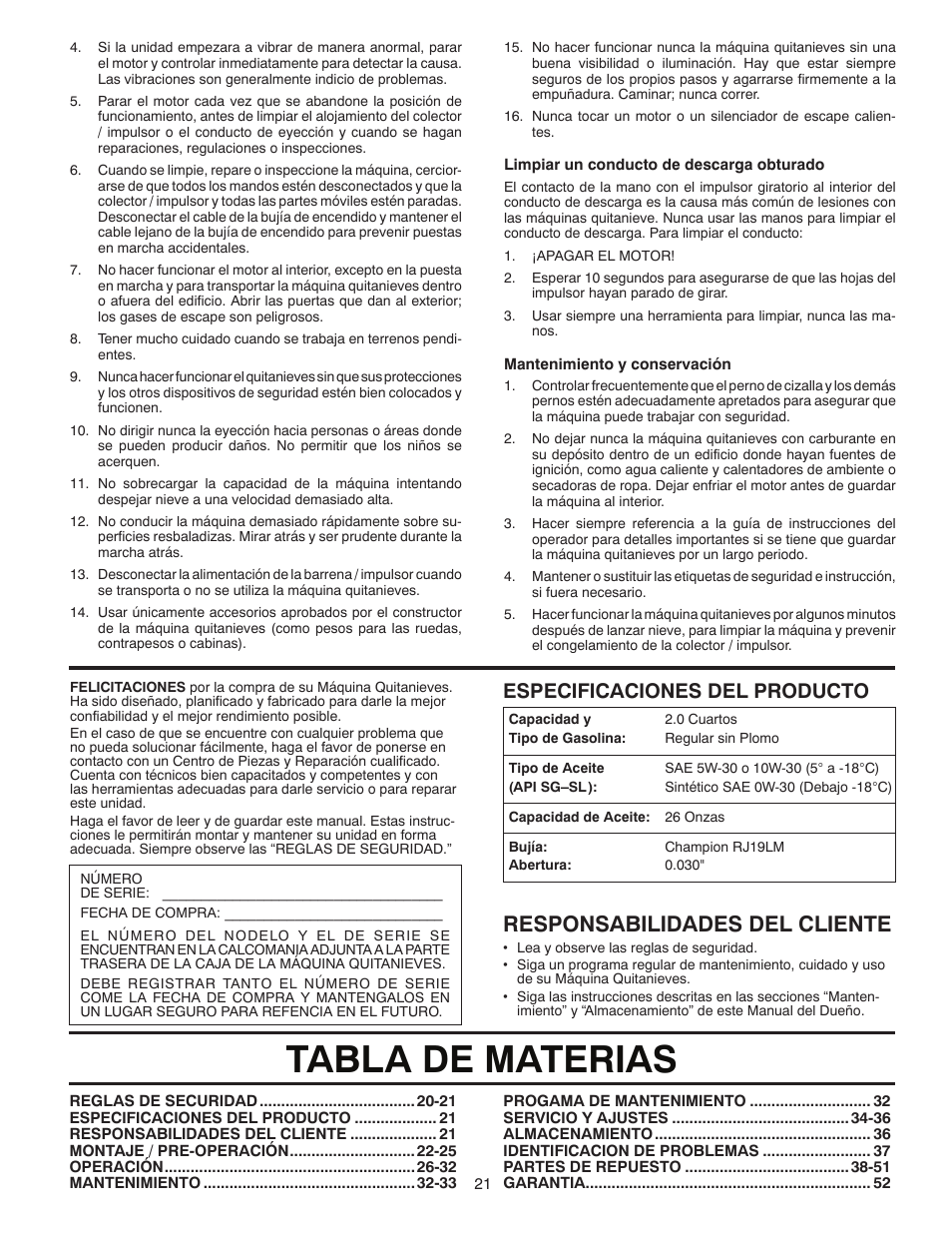 Tabla de materias, Responsabilidades del cliente, Especificaciones del producto | Poulan 96194000602 User Manual | Page 21 / 52