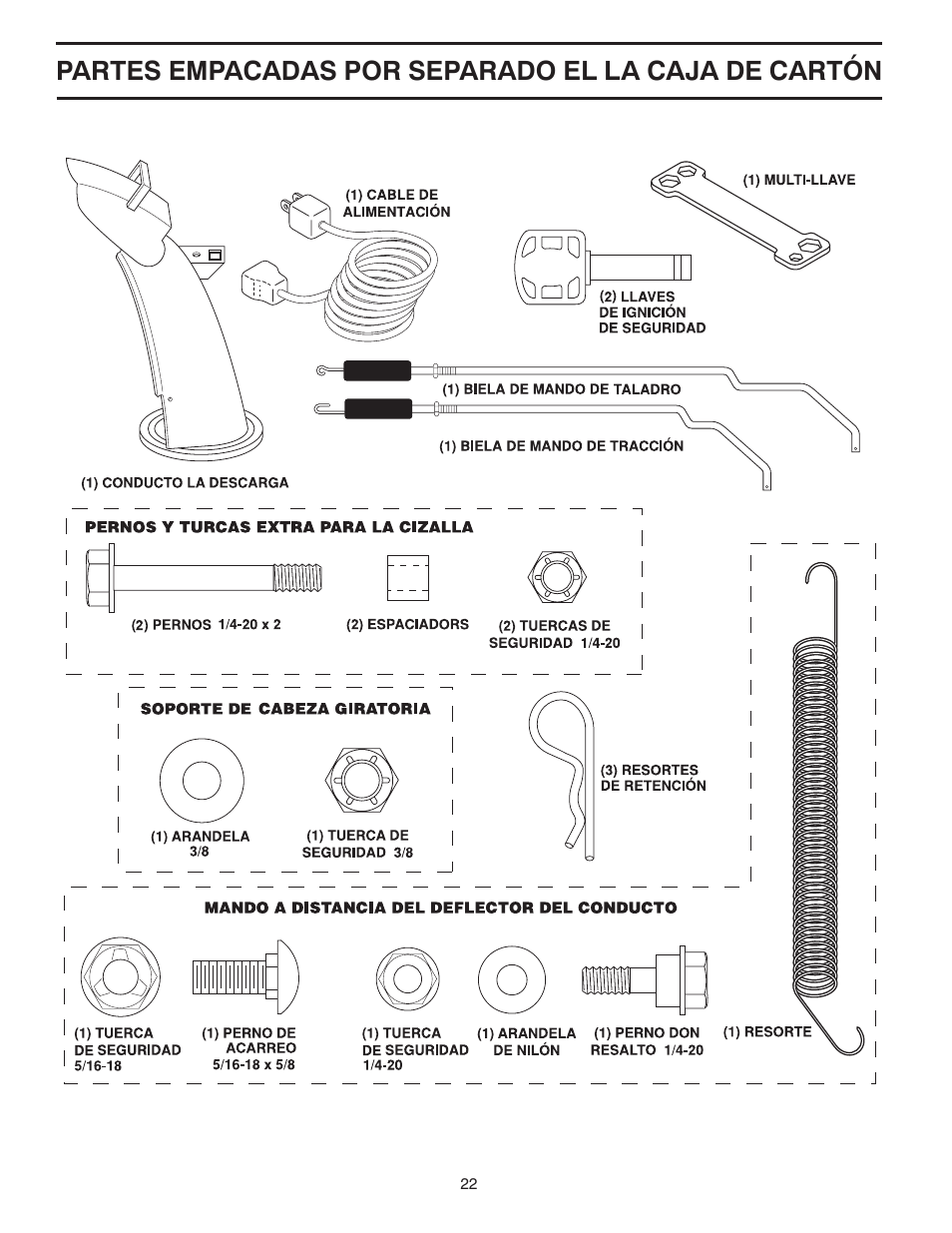 Partes empacadas por separado el la caja de cartón | Poulan 96194000602 User Manual | Page 22 / 52