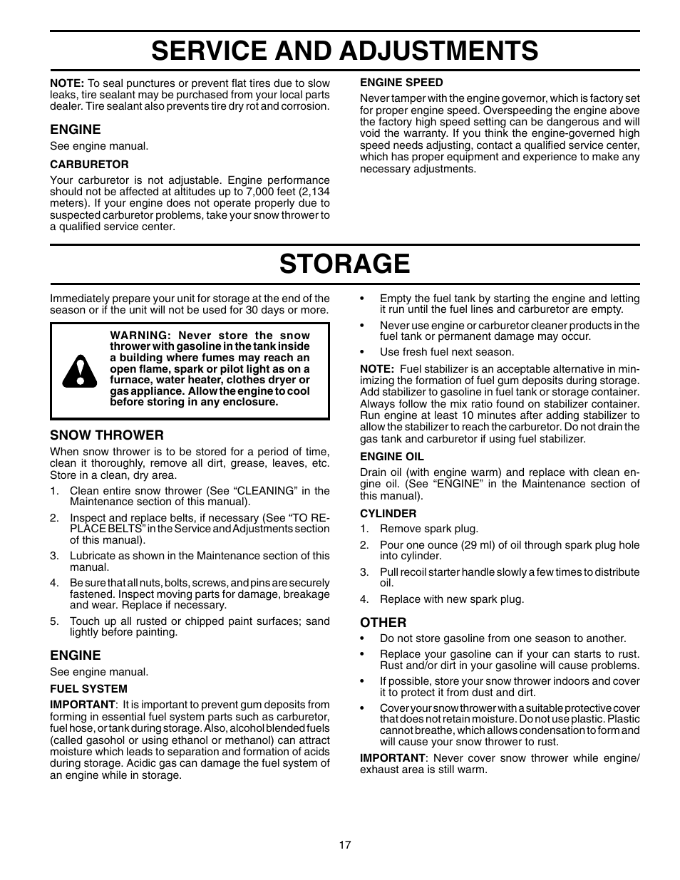 Service and adjustments storage | Poulan 199340 User Manual | Page 17 / 20