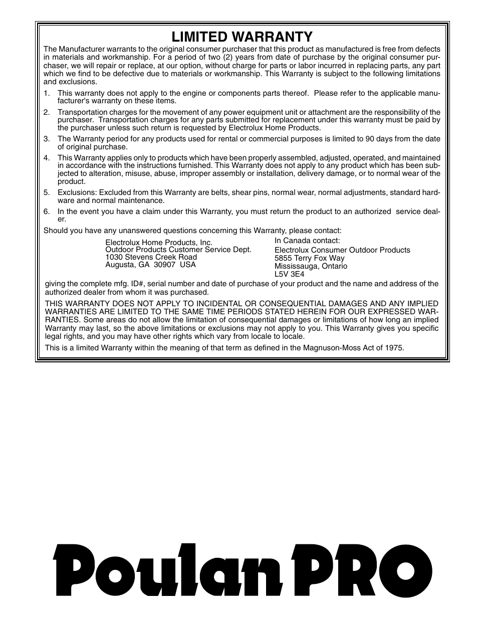 Limited warranty | Poulan 199340 User Manual | Page 20 / 20
