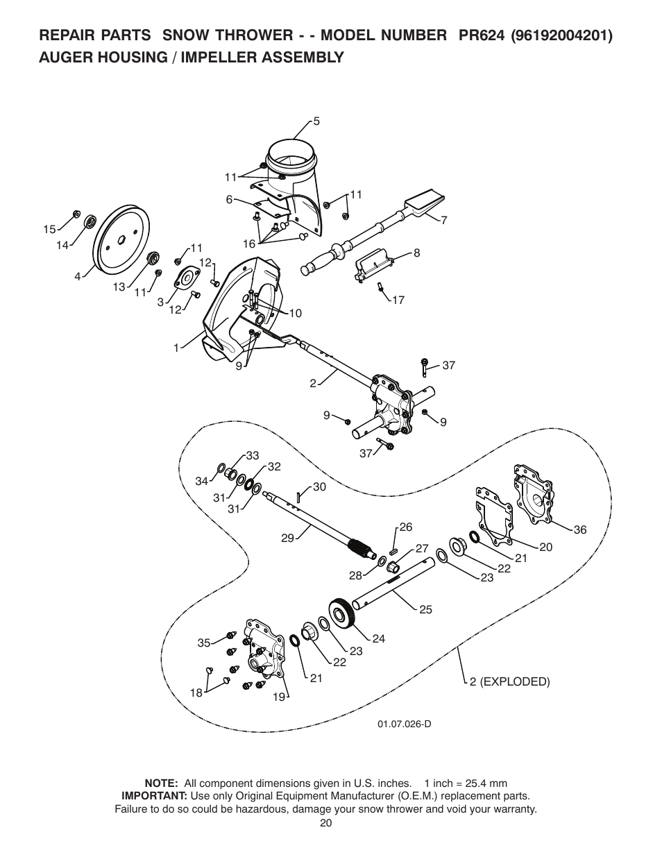 Repair parts, Auger housing / impeller assembly | Poulan 96192004201 User Manual | Page 20 / 40