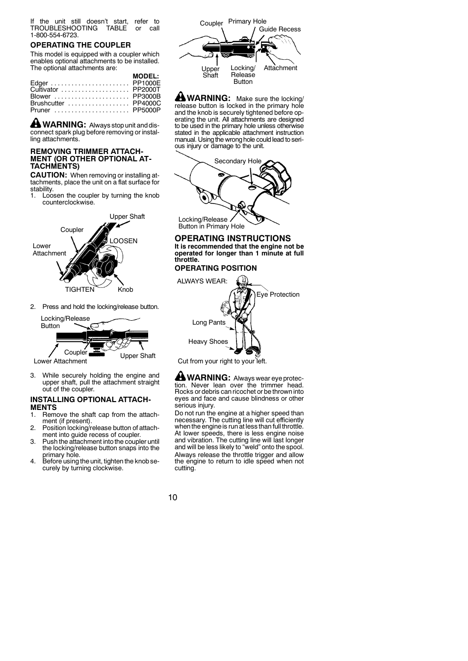 Warning, Operating instructions | Poulan PP036 User Manual | Page 10 / 16