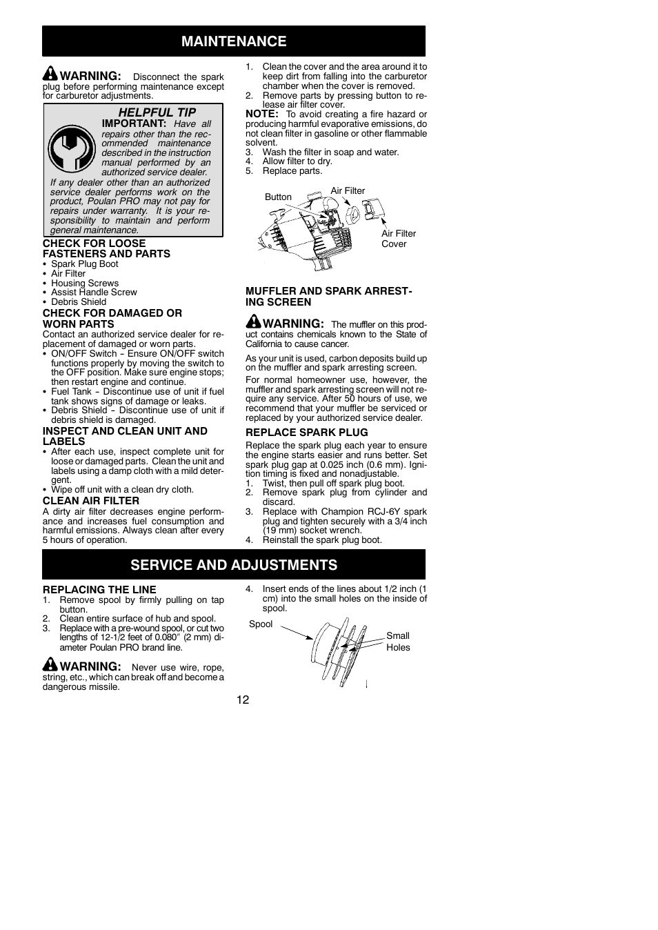 Maintenance, Service and adjustments, Warning | Helpful tip | Poulan PP036 User Manual | Page 12 / 16