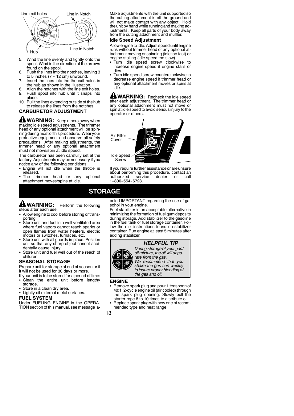 Storage, Warning, Helpful tip | Poulan PP036 User Manual | Page 13 / 16